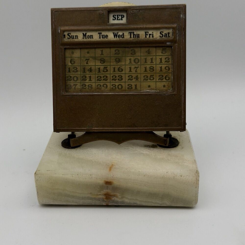 Vintage 1927 Art Deco Perpetual Desk Calendar Brass on Marble Base